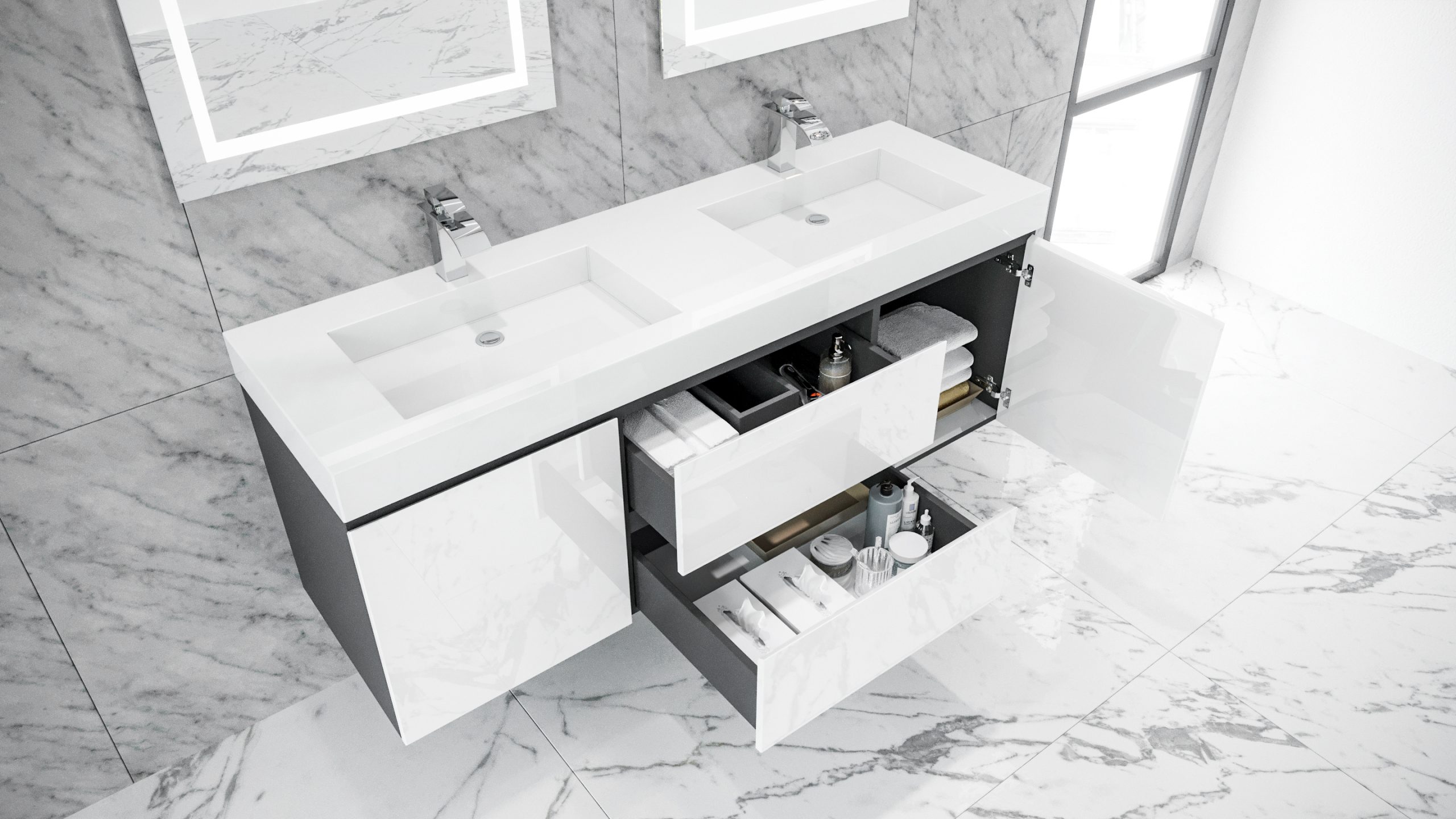 Queen 72 Sonoma White Wall Mount Double Sink Modern Bathroom Vanity