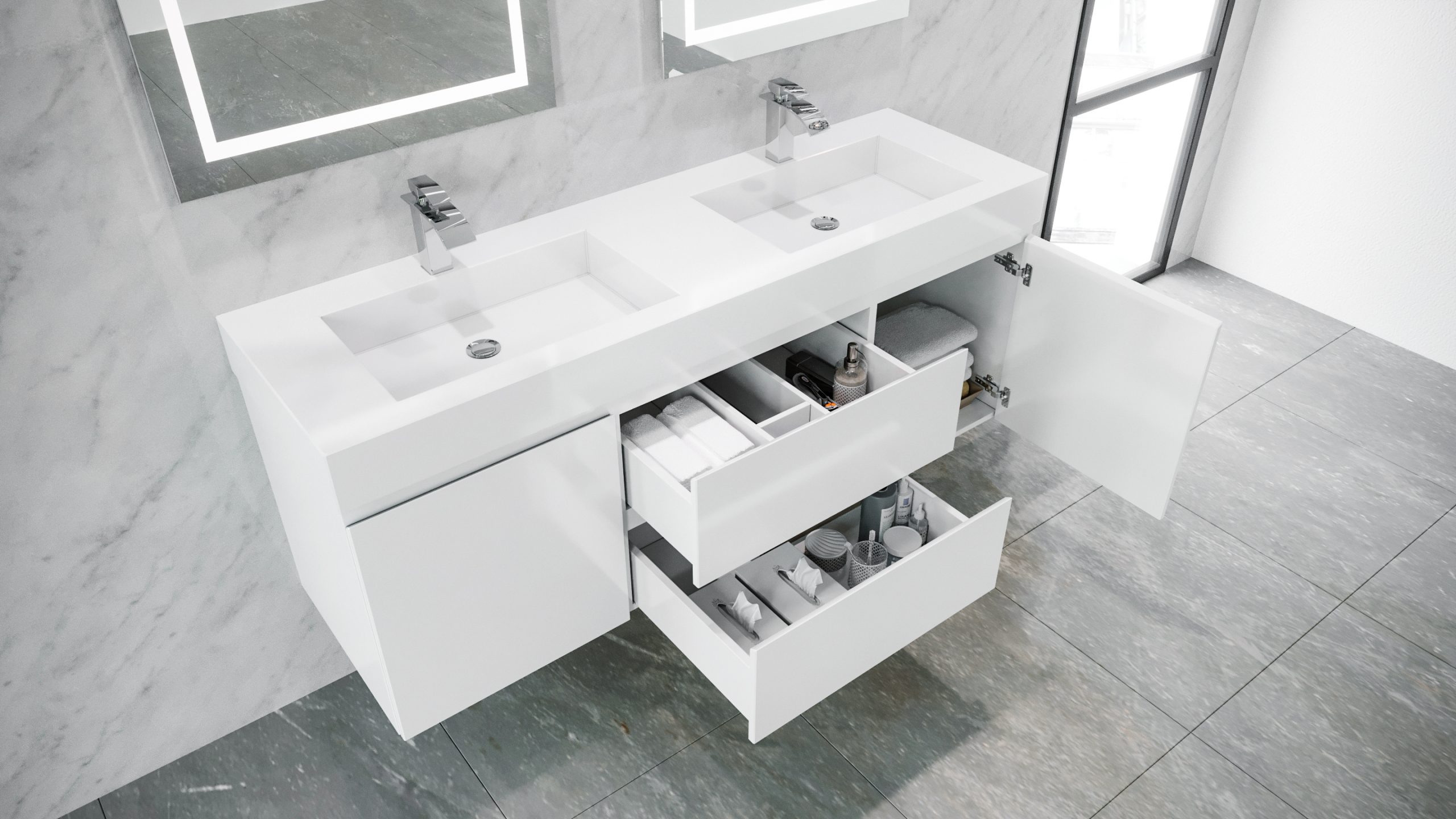 Queen 72 Sonoma White Wall Mount Double Sink Modern Bathroom Vanity