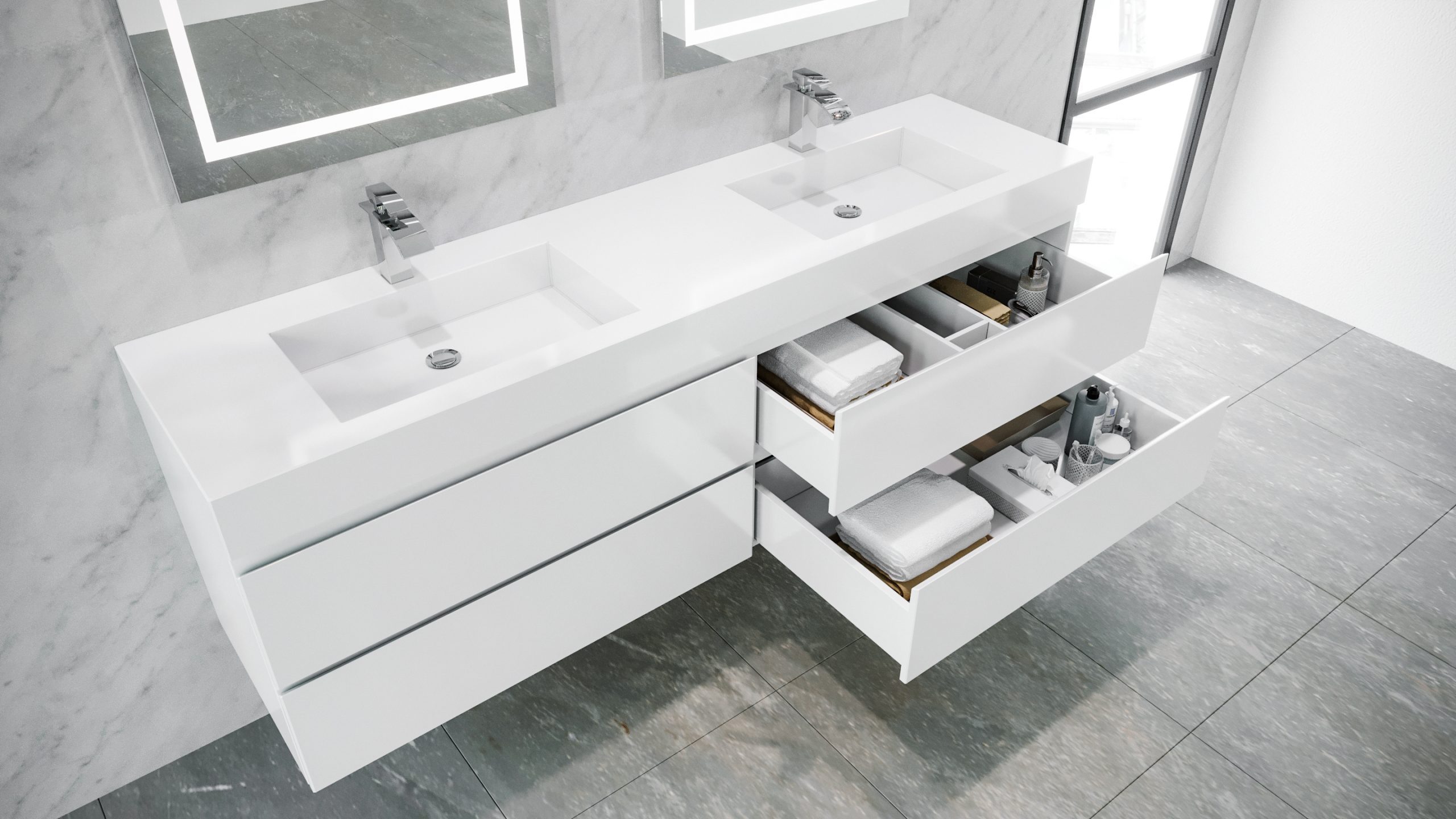 Queen 72 Sonoma White Wall Mount Double Sink Modern Bathroom Vanity